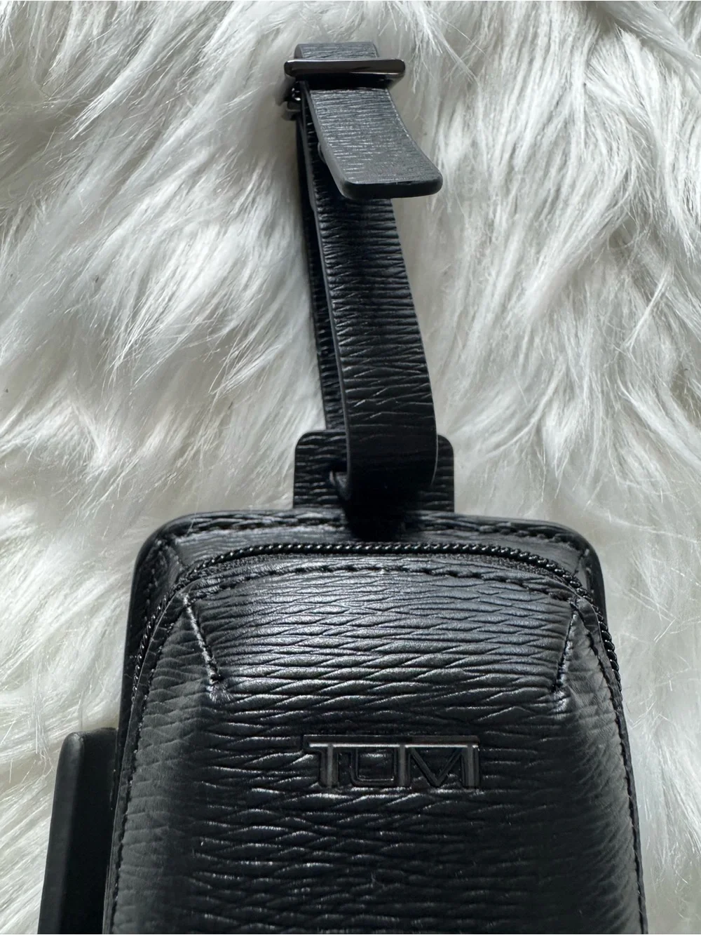 Tumi Black Textured Leather Travel ID Tag with Zipper Pocket